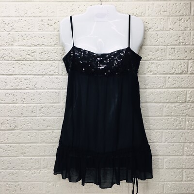 NWT  PEPPE PELUSO Sz S Black Sheer Chiffon Spaghetti Straps Sequins Tank Blouse
