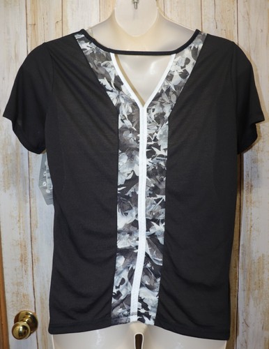 Womens Black & Gray Floral Ideology Short Sleeve Shirt Size 1X NWT NEW - Picture 2 of 2