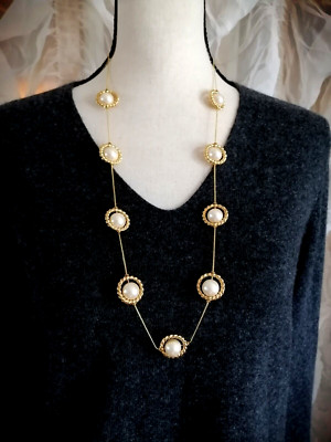 Vintage AKD Signed Faux Pearl Gold Ring Chain Statement Necklace 30''