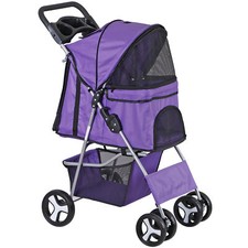 4 Wheel Dog Stroller Pet Stroller Travel Carriage w/Foldable Carrier Cart Purple