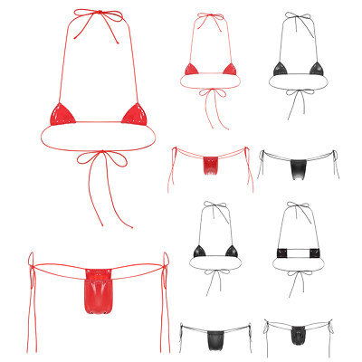 Women 2Pcs Set Halter Latex Bra Top Thong Micro Bikini Set Bathing Suit Swimsuit