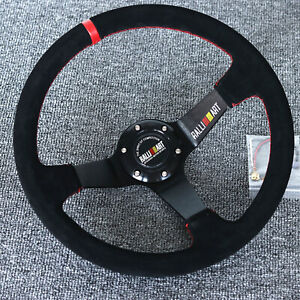 14&#034;Universal Ralliart Racing Red Ring Suede Leather Deep Dish Steering Wheel
