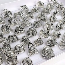 25pcs Lots Wholesale Gothic Punk Skull Antique Silver Rings Mixed Style Jewelry