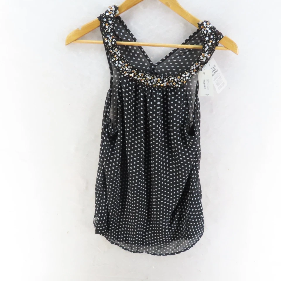 VALLEY GIRL Womens Size 8 Sleeveless Black & White Dot Top Beaded Neckline - image 3 of 4