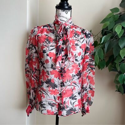 Milly of NY Silk Floral Tie-Neck Button Down Blouse Red Sz 0