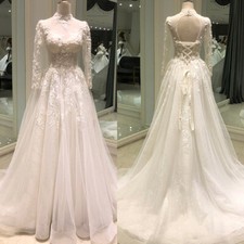 Elegant Wedding Dresses High Neck Long Sleeves A Line Lace Appliques Bridal Gown