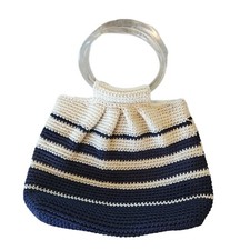 Vintage 90s Crochet Knit Handbag Acrylic Clear Round Handles Navy Blue Cream