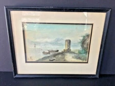 ART DECO IMPRESSIONIST HARBOR SCENE WATERCOLOR. SIGNED