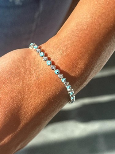 Platino Plata de Ley Esmalte Azul Evil Eye Safiro Blanco Tenis Brazalete - Imagen 2 de 17