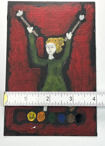 "Pintura al óleo sobre papel Sandra Pape 6x4"" mujeres pintando la ciudad arte popular rojo" - Imagen 7 de 9