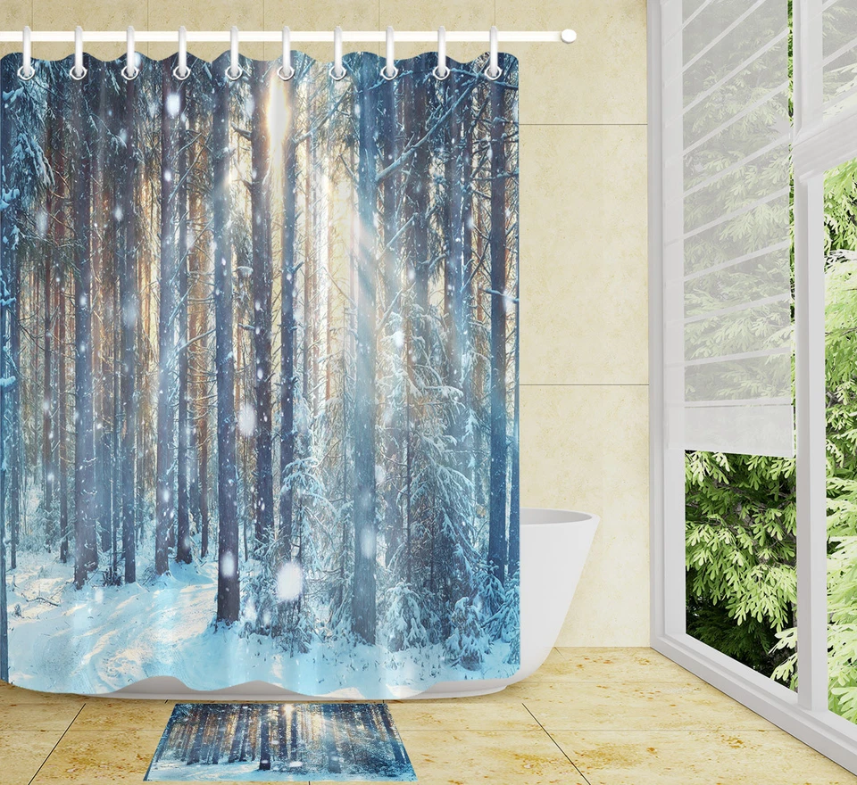 Invierno Bosque de Nieve Sol Ducha Cortina Forro Tela y Ganchos Baño Decoración Foto 2 de 4