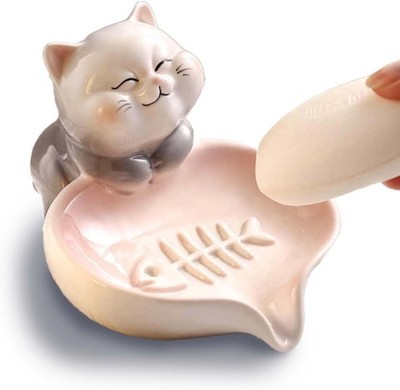 Stylish Cat Design Ceramic Soap Dish - Cute Draining Soap Holder for Bathroom