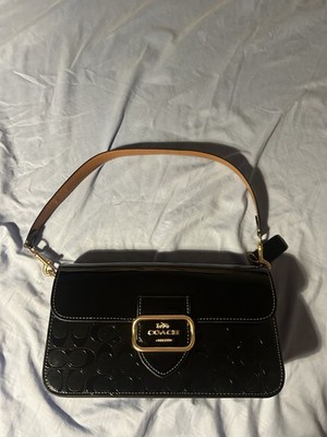 Women's Coach Black Patent Leather Signature Canvas Shoulder Bag