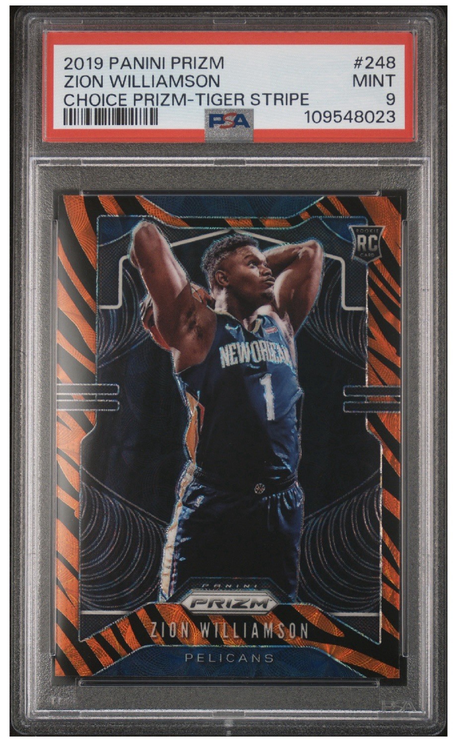 2019-20 Panini Prizm Zion Williamson #248 Choice Tiger Stripes Prizm (RC) PSA 9