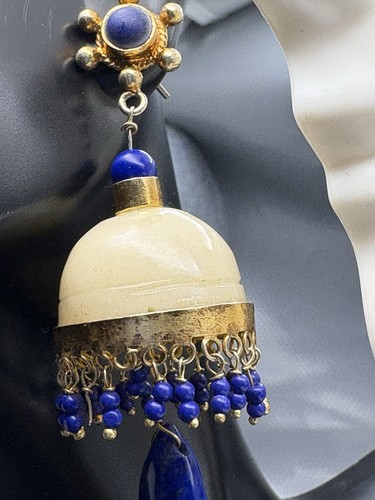 sterling silver 925 earrings Lapis Lazuli Milk Glass Chandelier Jhumka - Picture 23 of 24