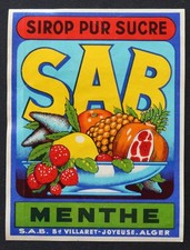 Old label SAB MINT SYRUP Villaret Joyeuse Algiers Algeria 9.5x12.5cm