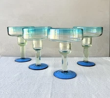 Set of 4 Margarita Cocktail Glasses Turquoise Rim Blue Base Barware 7” Tall