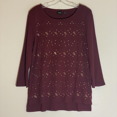 Rafaella Studio Top Womens Large Red 3/4 Sleeve Studded Tunic Scoop Neck Cotton