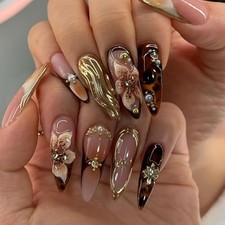Long Press on Nails Almond Fake Nails Brown False Nails Flowers B01-6