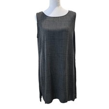 Eileen Fisher Silk Shift Dress Grid Print Sleeveless Grey Black Women's Medium