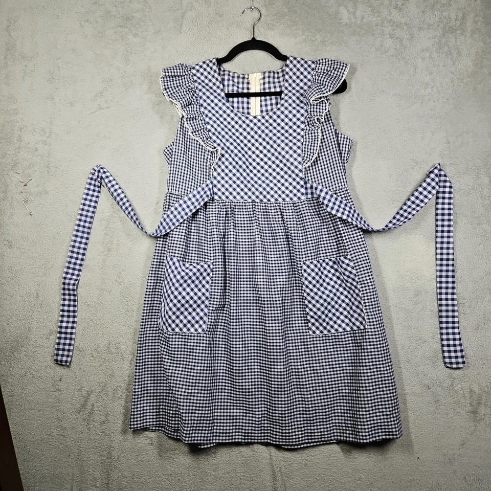 De Colección Años 60-70 Azul Blanco Guinga Volantes Gorra Slv Prarie Delantal Delantal Vestido Talla M/L Foto 3 de 4