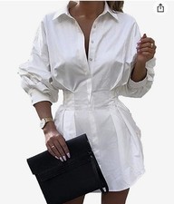 White Cotton Shirt Dress Collared Balloon Long Sleeve Button Accent Short
