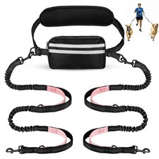 Hands Free Dog Leash Pouch Dual Attachment Retractable Bungee Black/Pink