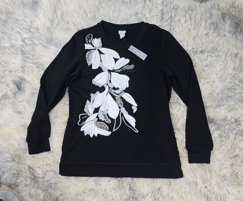 NWT CHICO'S ZENERGY FRENCH TERRY WITH 3D APPLIQUE EMBELLISHED LS TOP Sz 0 US S