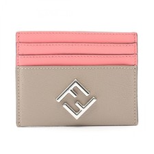 FENDI FF Diamond Card Case holder leather Beige Pink Used Women