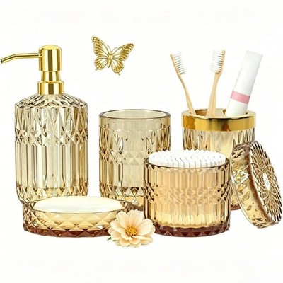 5pc Diamond Cut Glass Bathroom Set Soap Dispenser Toothbrush Holder Cotton Jar