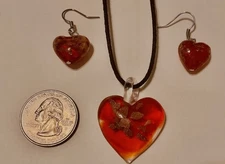 Murano style Heart- Red Glass With  Gold Glitter with matching earrings