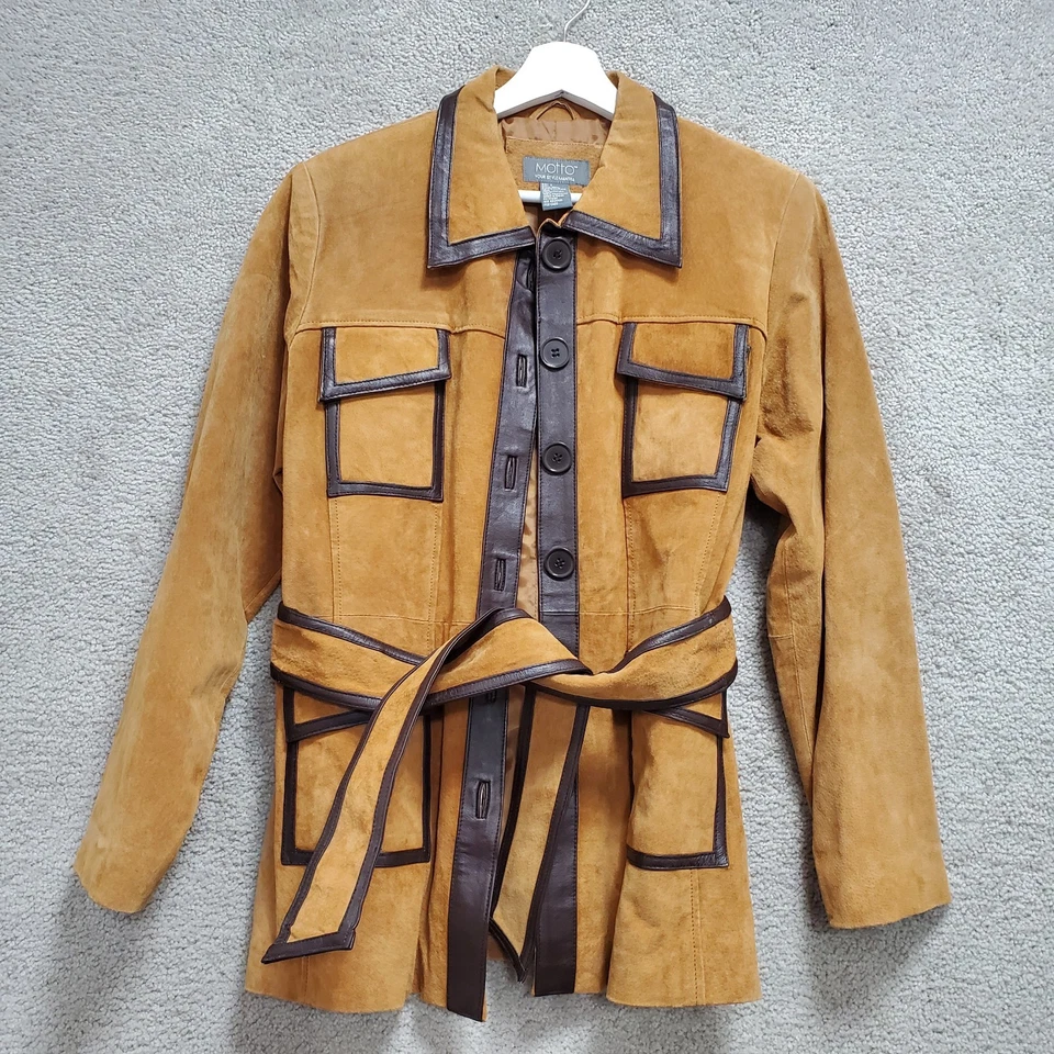 Motto Your Style Mantra Suede Leather Safari Jacket Womens Small Brown Belted - Image 2 of 4