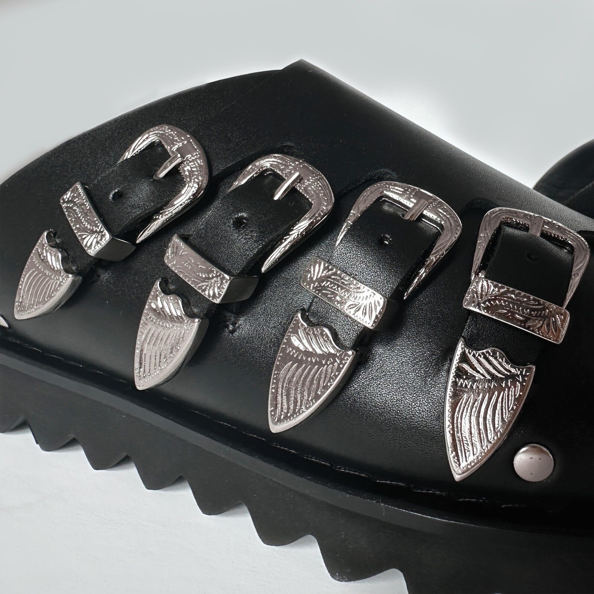 Toga Pulla Leather Western Buckle Platform Slides Sandals Toga Pulla Leather Western Buckle Platform Slides Sandals