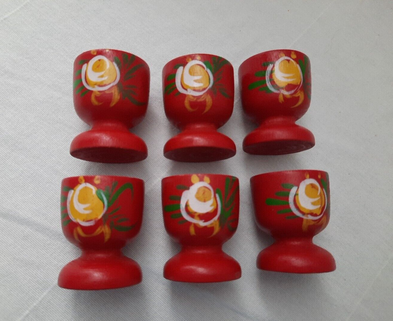 6 VTG Wooden Swedish Scandinavian Folk Style Hand Painted Tole Floral Egg Cups