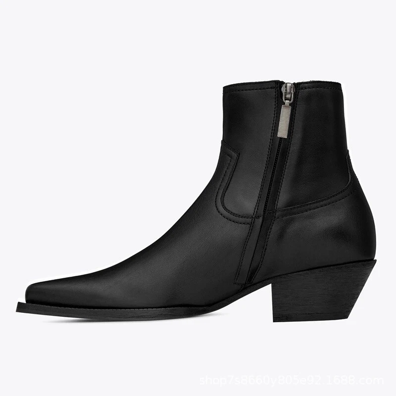 Western Hombres Cuero Real Punta Chelsea Botines Tacón Cubano Cremallera Británico Foto 3 de 4