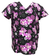 Serene Women's Fashion Medical Scrub Tops Black Base Pink Lily Flower XL