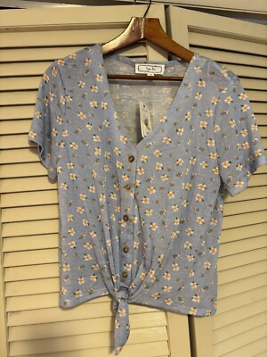 Hippie Rose Light Blue Short Sleeve V Neck Surplice Tie Waist Top XL Soft Cotton