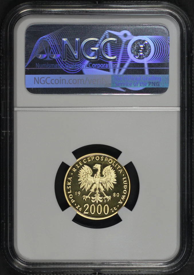 1980MW Polonia 2000 Zlotych Gold Lake Placid Juegos Olímpicos esquí salto NGC PF-68 UC Foto 2 de 2