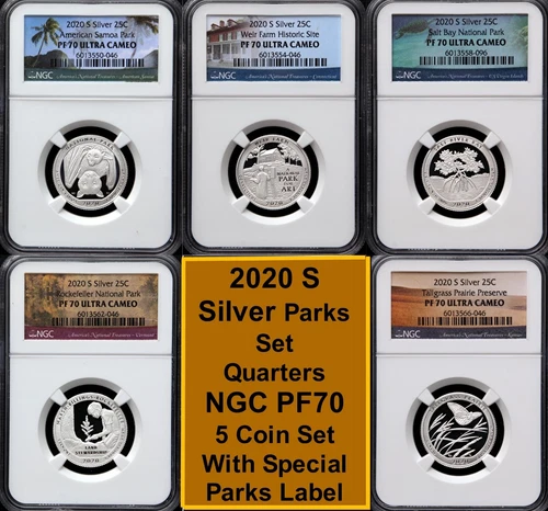 2020 S SILVER PARKS QUARTER Proof Set NGC PF70, 5 Coin Set, Samoa Bat-Free Ship