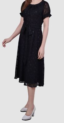 NY Collection Women's Black Chiffon Knee-Length Midi Dress Petites Size PS
