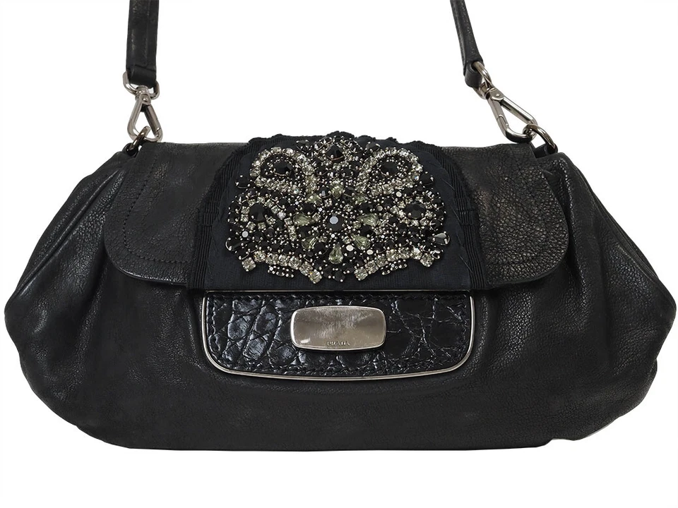 Prada Bijou 2Way Clutch Bag Black Women's Leather Antique Skipper Shoulder Bag - Image 3 of 4