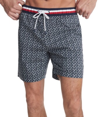 Tommy Hilfiger Men's Corey Geo Printed 7'' Swim Trunks Black White Short NWT