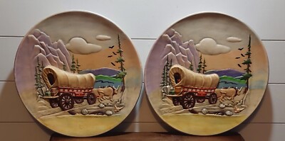 Vintage 1980 set of 2 handpainted/handcrafted 13'' western wagon scene plates