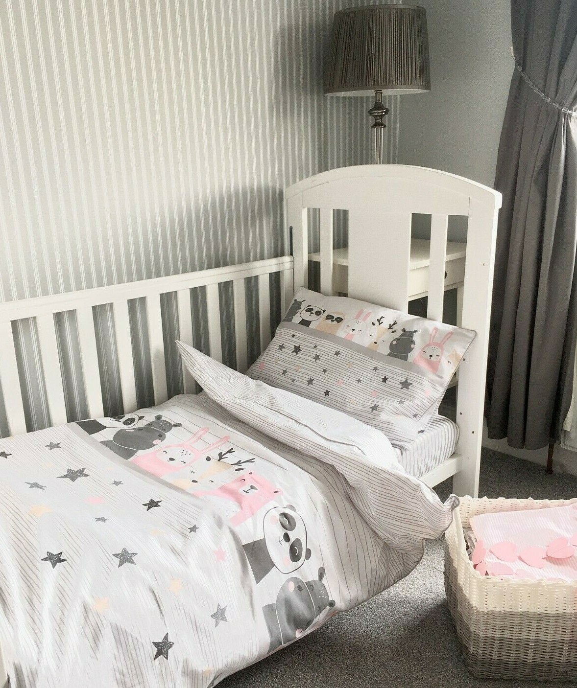 SET LENZUOLA BAMBINA, LENZUOLO ADERENTE, ROSA PASTELLO GRIGIO PURO COTONE foto 2