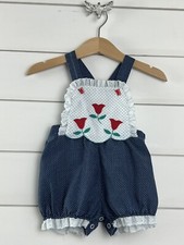 vintage Girls BABY TOGS Sz 12m One Piece Romper Blue Polka Dot Tulips