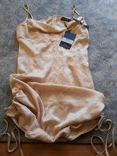 Pretty Little Thing Ladies Dress. Champagne. Ruched Side Satin. Size 16