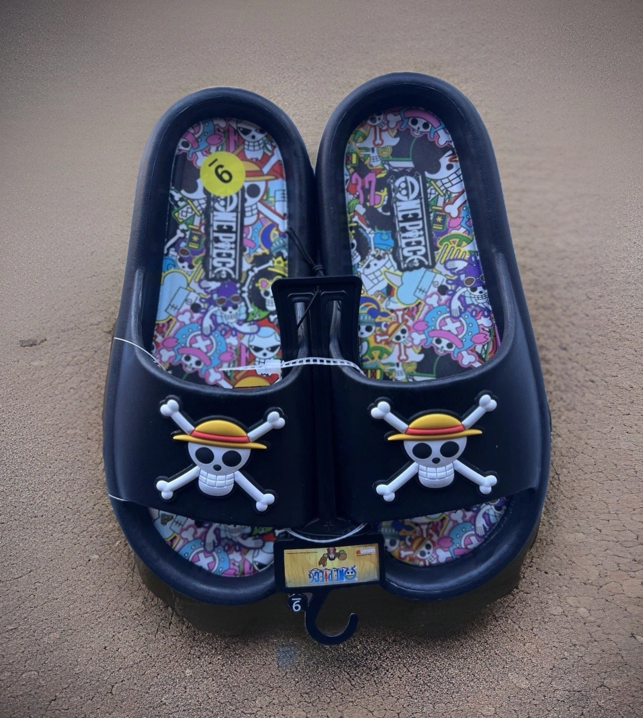 Rare One Piece Collage Slides Sandals Shoes Multi-Color Monkey D. Luffy NWT