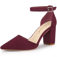 Allegra K Women's Ankle Strap Pointed Toe Block Heels Pumps 8.5 Burgundy