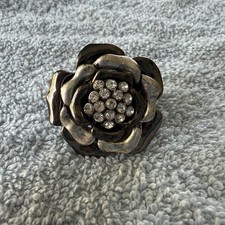 Gunmetal Rose Flower Stretch Ring Clear Rhinestone Statement Cocktail Ring