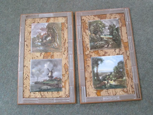 4 Vintage Dutch 6" x 6" Ceramic Picture Tiles in 2 Handmade Cork and Tile Frames